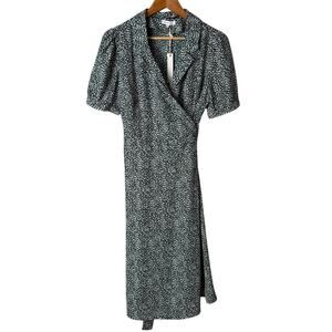 NWT Crescent Collared Wrap‎ Midi Dress Short Puff Sleeves in Green White, Medium